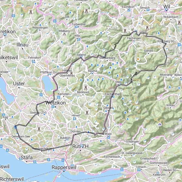 Miniatua del mapa de inspiración ciclista "Aventura ciclista a través de Fischenthal y Bubikon" en Zürich, Switzerland. Generado por Tarmacs.app planificador de rutas ciclistas