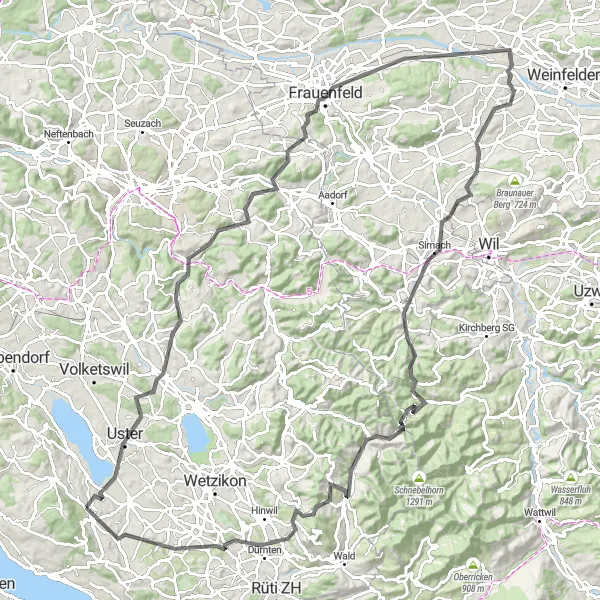 Miniature de la carte de l'inspiration cycliste "Boucle cycliste vers Frauenfeld et Esslingen" dans la Zürich, Switzerland. Générée par le planificateur d'itinéraire cycliste Tarmacs.app