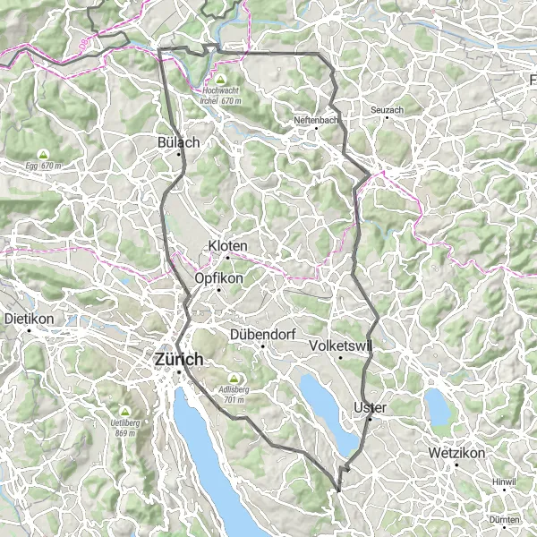 Mapa miniatúra "Zurichská cyklotrasa cez Lindenhof a Bülach" cyklistická inšpirácia v Zürich, Switzerland. Vygenerované cyklistickým plánovačom trás Tarmacs.app