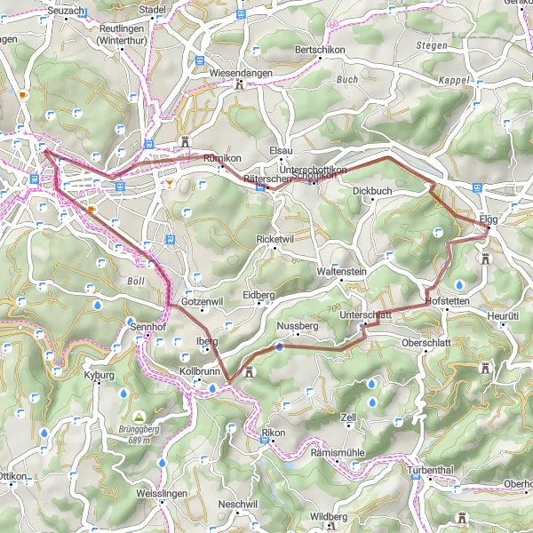 Mapa miniatúra "Gravel okolo Elgg cez Heidenbüel a Stadthaus-Brunnen" cyklistická inšpirácia v Zürich, Switzerland. Vygenerované cyklistickým plánovačom trás Tarmacs.app