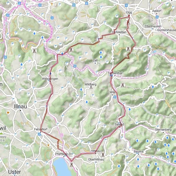 Miniatua del mapa de inspiración ciclista "Aventura en Bicicleta por Saland y Tüebberg" en Zürich, Switzerland. Generado por Tarmacs.app planificador de rutas ciclistas