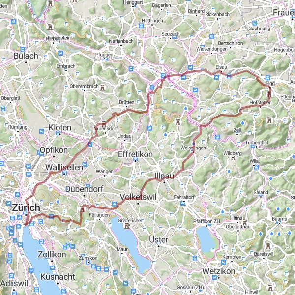 Kartminiatyr av "Utforsk skoger og topper på grusvei" sykkelinspirasjon i Zürich, Switzerland. Generert av Tarmacs.app sykkelrutoplanlegger