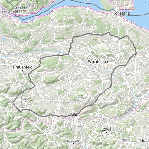 Miniatua del mapa de inspiración ciclista "Ruta escénica en carretera alrededor de Elgg" en Zürich, Switzerland. Generado por Tarmacs.app planificador de rutas ciclistas