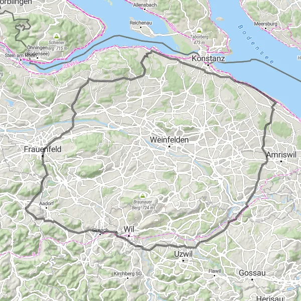 Miniaturní mapa "Podél Bodamského jezera" inspirace pro cyklisty v oblasti Zürich, Switzerland. Vytvořeno pomocí plánovače tras Tarmacs.app