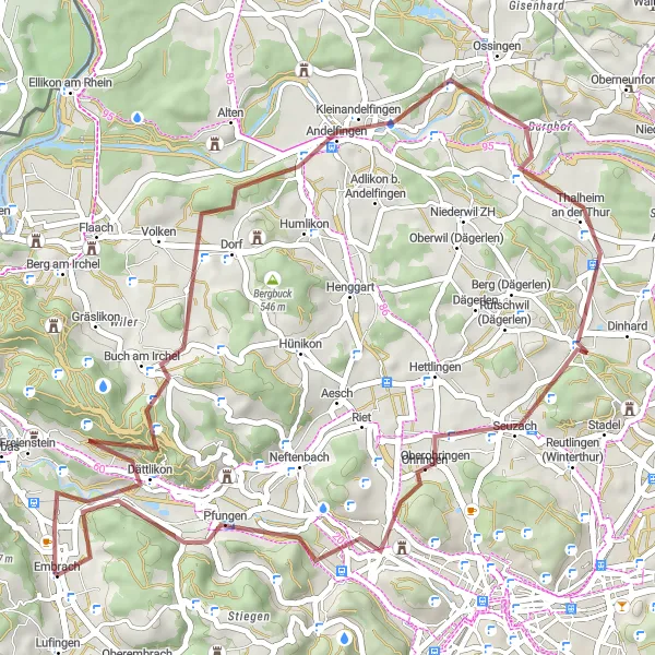 Zemljevid v pomanjšavi "Gravelna kolesarska pot proti Dättlikonu in Pfungenu" kolesarske inspiracije v Zürich, Switzerland. Generirano z načrtovalcem kolesarskih poti Tarmacs.app