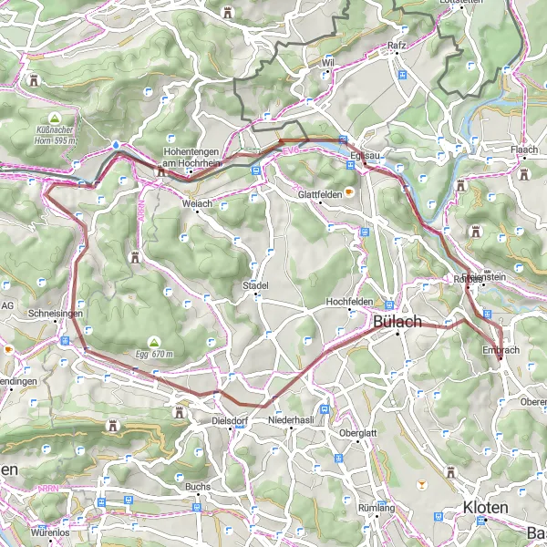 Miniatura della mappa di ispirazione al ciclismo "Esplorazione delle Rive del Reno" nella regione di Zürich, Switzerland. Generata da Tarmacs.app, pianificatore di rotte ciclistiche