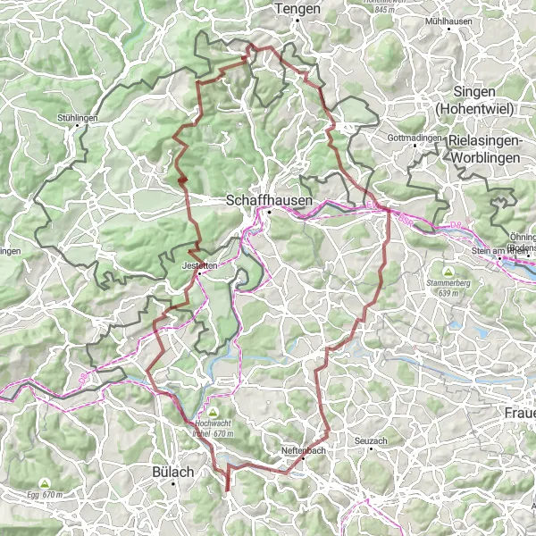 Karttaminiaatyyri "Embrach-Höhrain-Jestetten-Diessenhofen-Adlikon b. Andelfingen Round-trip" pyöräilyinspiraatiosta alueella Zürich, Switzerland. Luotu Tarmacs.app pyöräilyreittisuunnittelijalla