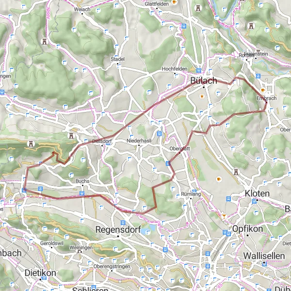 Mapa miniatúra "Gravelová cyklotrasa Oberglatt - Dättenberg" cyklistická inšpirácia v Zürich, Switzerland. Vygenerované cyklistickým plánovačom trás Tarmacs.app