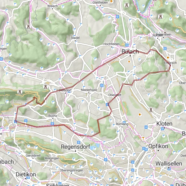 Map miniature of "Gravel Adventure: Oberglatt to Dättenberg" cycling inspiration in Zürich, Switzerland. Generated by Tarmacs.app cycling route planner