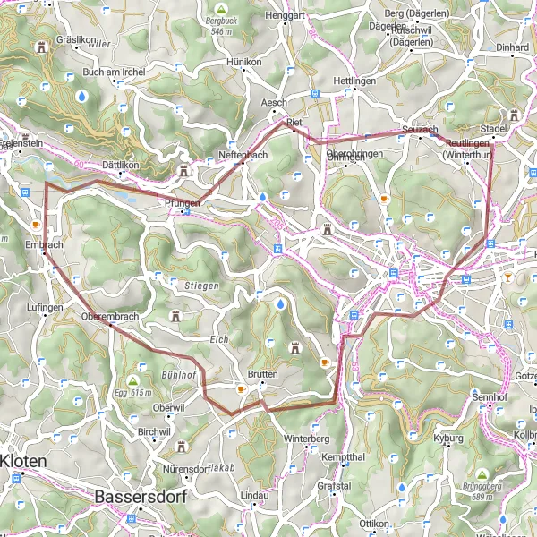 Miniatua del mapa de inspiración ciclista "Ruta por caminos de grava cerca de Embrach" en Zürich, Switzerland. Generado por Tarmacs.app planificador de rutas ciclistas
