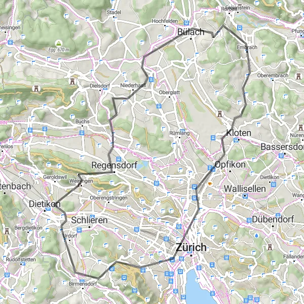 Map miniature of "Kloten to Bülach via Monte Diggelmann" cycling inspiration in Zürich, Switzerland. Generated by Tarmacs.app cycling route planner