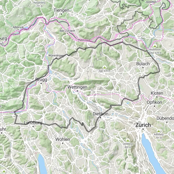 Map miniature of "Rümlang to Freienstein: A Scenic Road Cycling Adventure" cycling inspiration in Zürich, Switzerland. Generated by Tarmacs.app cycling route planner
