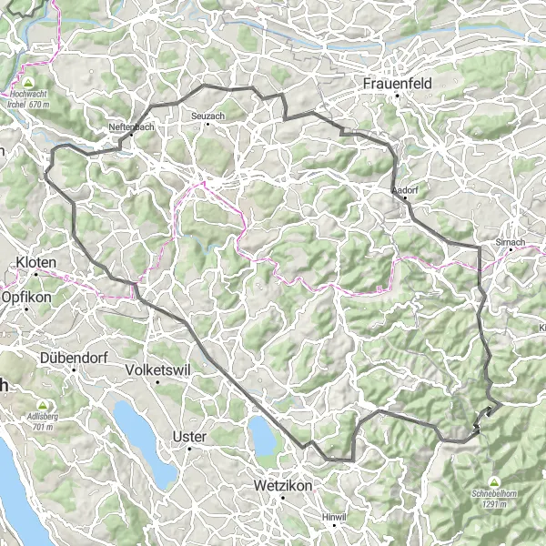 Miniatua del mapa de inspiración ciclista "Largo Viaje en Carretera pasando por Fischingen y Pfäffikersee" en Zürich, Switzerland. Generado por Tarmacs.app planificador de rutas ciclistas