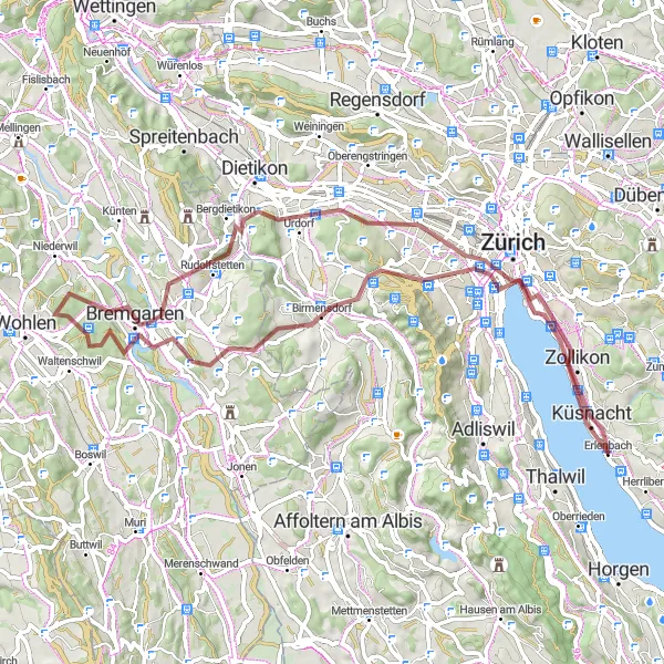 Mapa miniatúra "Gravel Expedition to Mutschellenpass and Bürkliplatz" cyklistická inšpirácia v Zürich, Switzerland. Vygenerované cyklistickým plánovačom trás Tarmacs.app