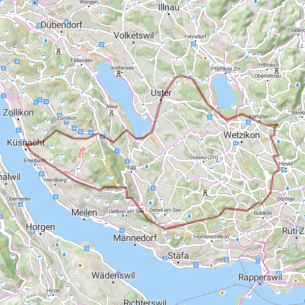 Miniatua del mapa de inspiración ciclista "Ruta de los Lagos Gravel" en Zürich, Switzerland. Generado por Tarmacs.app planificador de rutas ciclistas