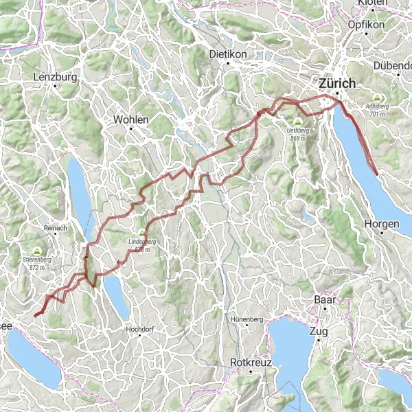 Miniatura della mappa di ispirazione al ciclismo "Tour in bicicletta gravel da Erlenbach a Küsnacht" nella regione di Zürich, Switzerland. Generata da Tarmacs.app, pianificatore di rotte ciclistiche