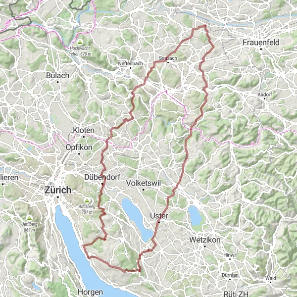 Map miniature of "Exploring the Gravel Routes near Erlenbach" cycling inspiration in Zürich, Switzerland. Generated by Tarmacs.app cycling route planner
