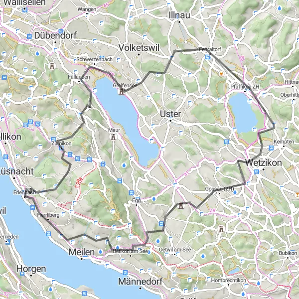 Miniatua del mapa de inspiración ciclista "Ruta de ciclismo de carretera por Erlenbach" en Zürich, Switzerland. Generado por Tarmacs.app planificador de rutas ciclistas