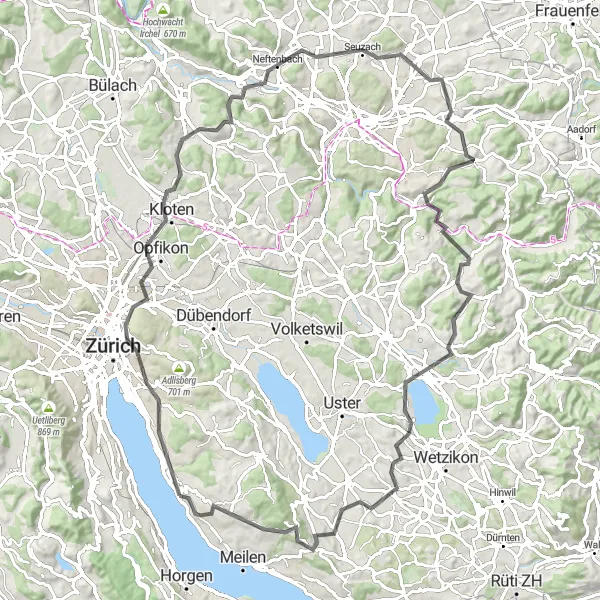 Miniature de la carte de l'inspiration cycliste "Châteaux et Paysages" dans la Zürich, Switzerland. Générée par le planificateur d'itinéraire cycliste Tarmacs.app