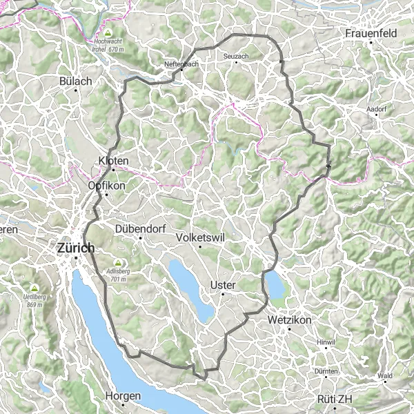 Miniatuurkaart van de fietsinspiratie "Pittoresk Zürichberg en Pfäffikersee route" in Zürich, Switzerland. Gemaakt door de Tarmacs.app fietsrouteplanner