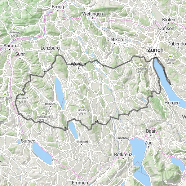 Map miniature of "Mountain Escapes" cycling inspiration in Zürich, Switzerland. Generated by Tarmacs.app cycling route planner