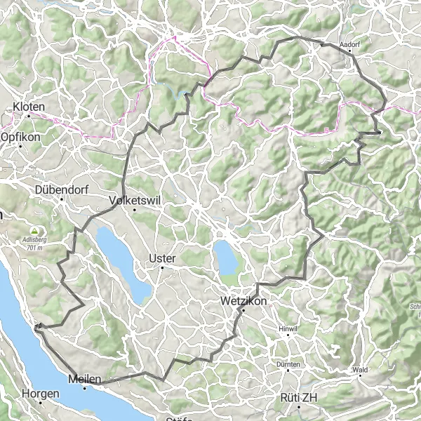 Map miniature of "Through Swiss Villages" cycling inspiration in Zürich, Switzerland. Generated by Tarmacs.app cycling route planner