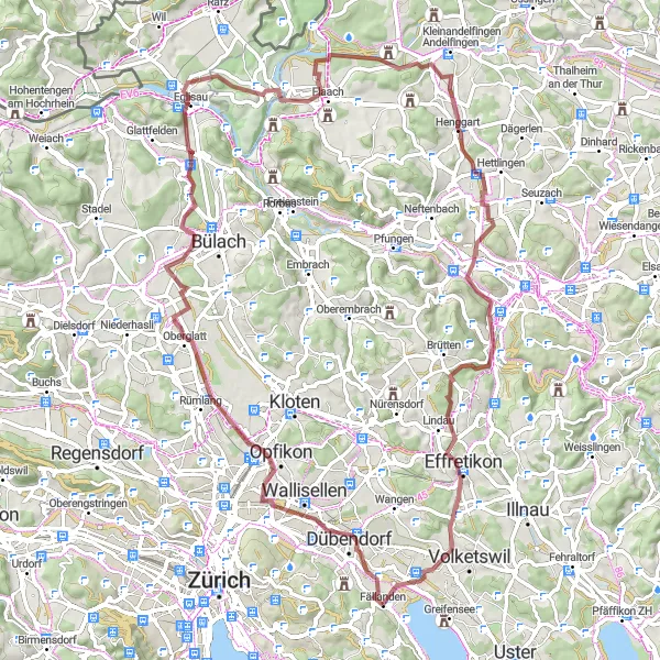 Karttaminiaatyyri "80 kilometrin hiekkatie pyöräilyreitti Fallandenista" pyöräilyinspiraatiosta alueella Zürich, Switzerland. Luotu Tarmacs.app pyöräilyreittisuunnittelijalla