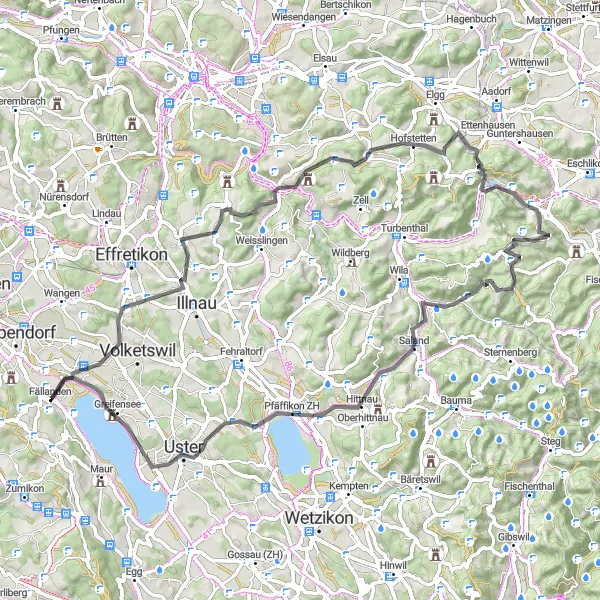 Miniatua del mapa de inspiración ciclista "Ruta de ciclismo de carretera por Schwerzenbach y Hofstetten" en Zürich, Switzerland. Generado por Tarmacs.app planificador de rutas ciclistas