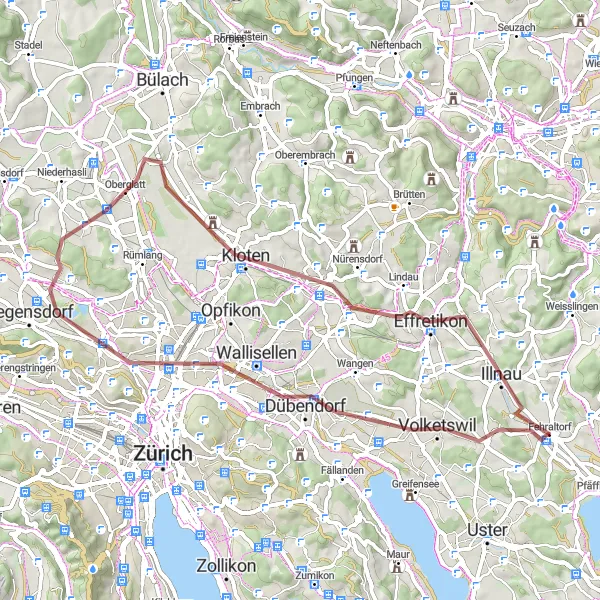 Kartminiatyr av "Äventyr på grusvägar runt Zürich" cykelinspiration i Zürich, Switzerland. Genererad av Tarmacs.app cykelruttplanerare