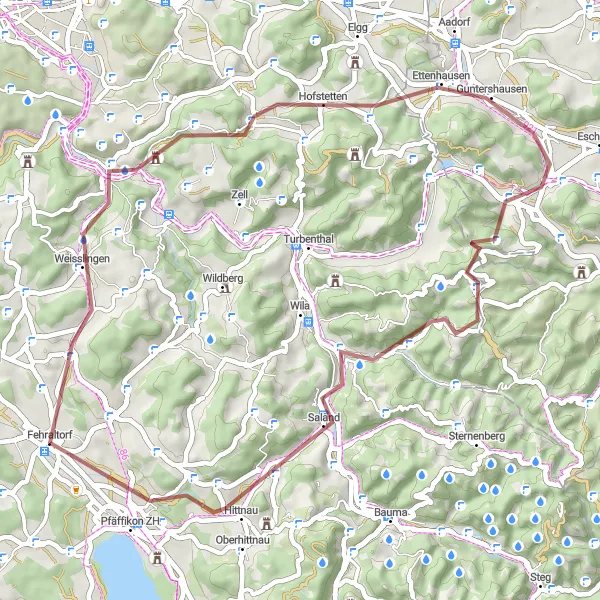 Kartminiatyr av "Grusvei-eventyr gjennom Zürichs landskap" sykkelinspirasjon i Zürich, Switzerland. Generert av Tarmacs.app sykkelrutoplanlegger