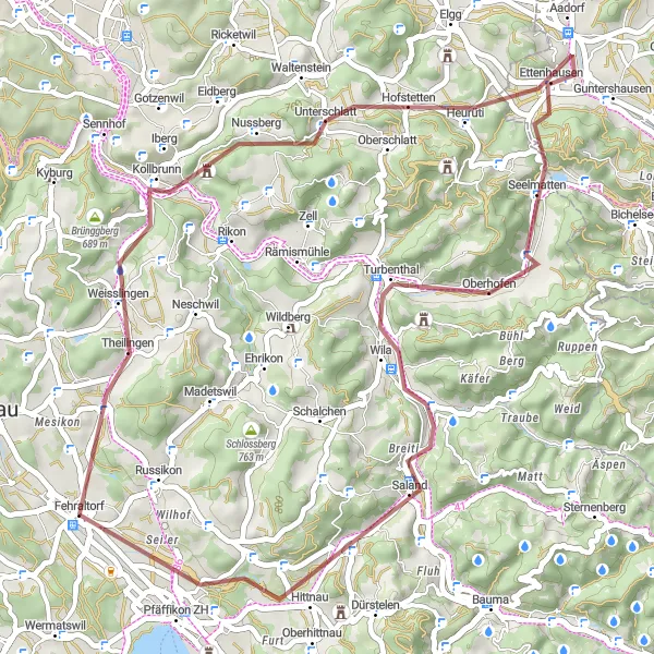 Map miniature of "Scenic Gravel Ride via Tüebberg" cycling inspiration in Zürich, Switzerland. Generated by Tarmacs.app cycling route planner