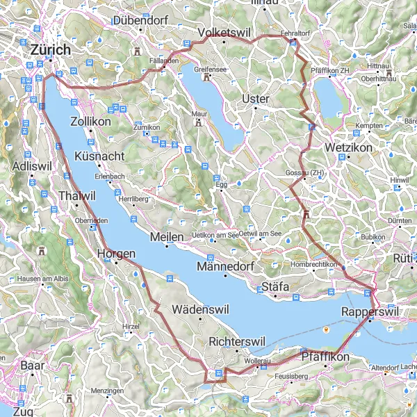 Mapa miniatúra "Zurich and Surrounding Gravel Adventure" cyklistická inšpirácia v Zürich, Switzerland. Vygenerované cyklistickým plánovačom trás Tarmacs.app