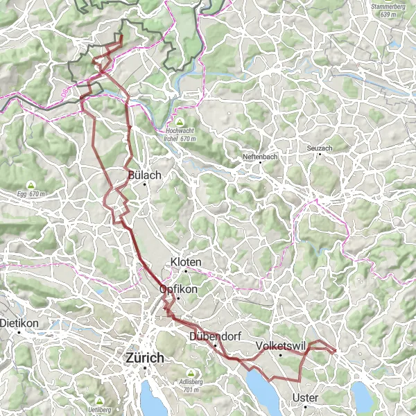 Miniatuurkaart van de fietsinspiratie "Gravel Avontuur naar Eglisau en Wil" in Zürich, Switzerland. Gemaakt door de Tarmacs.app fietsrouteplanner