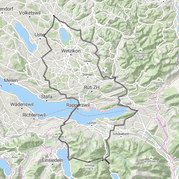 Kartminiatyr av "Rundtur runt Pfäffikersee och Bachtelhörnli" cykelinspiration i Zürich, Switzerland. Genererad av Tarmacs.app cykelruttplanerare