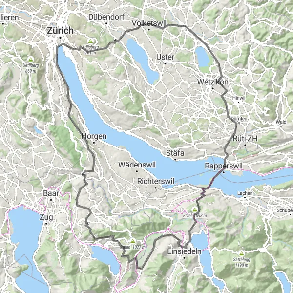 Mapa miniatúra "Cyklovýlet cez Pfäffikersee a Thalwil" cyklistická inšpirácia v Zürich, Switzerland. Vygenerované cyklistickým plánovačom trás Tarmacs.app