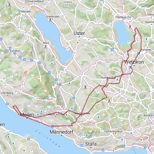 Kartminiatyr av "Gravel Eventyr til Uetikon am See" sykkelinspirasjon i Zürich, Switzerland. Generert av Tarmacs.app sykkelrutoplanlegger