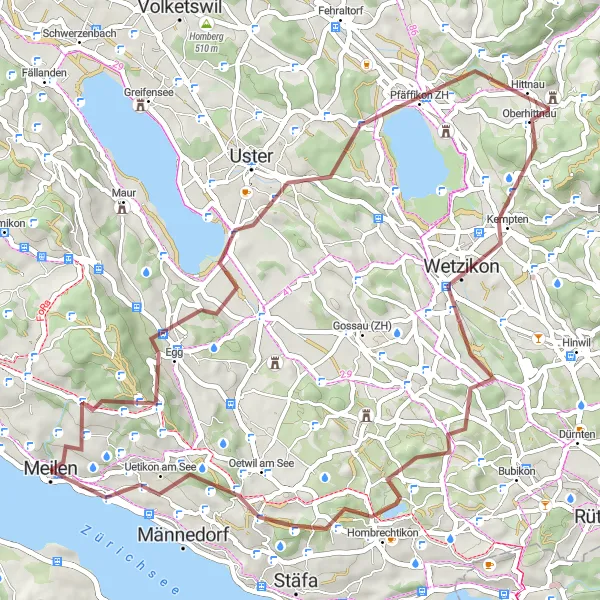 Map miniature of "Gravel Adventure in the Zurich Highlands" cycling inspiration in Zürich, Switzerland. Generated by Tarmacs.app cycling route planner