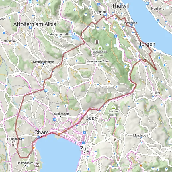 Mapa miniatúra "Gravel okruh cez Sihlbrugg a Hünenberg" cyklistická inšpirácia v Zürich, Switzerland. Vygenerované cyklistickým plánovačom trás Tarmacs.app