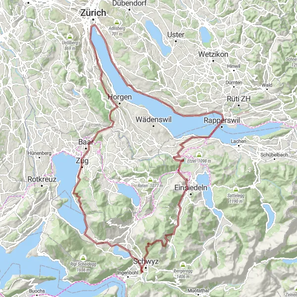 Kartminiatyr av "Grusvei Eventyr til Erlenbach" sykkelinspirasjon i Zürich, Switzerland. Generert av Tarmacs.app sykkelrutoplanlegger