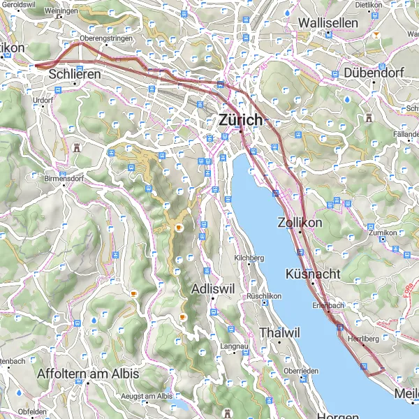 Karttaminiaatyyri "Kulttuurinen pyöräilymatka Kusnachtista Herrlibergiin" pyöräilyinspiraatiosta alueella Zürich, Switzerland. Luotu Tarmacs.app pyöräilyreittisuunnittelijalla