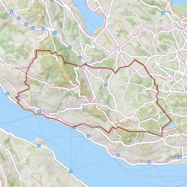 Miniaturní mapa "Gravelová cesta přes zelené pastviny a malé vesnice" inspirace pro cyklisty v oblasti Zürich, Switzerland. Vytvořeno pomocí plánovače tras Tarmacs.app