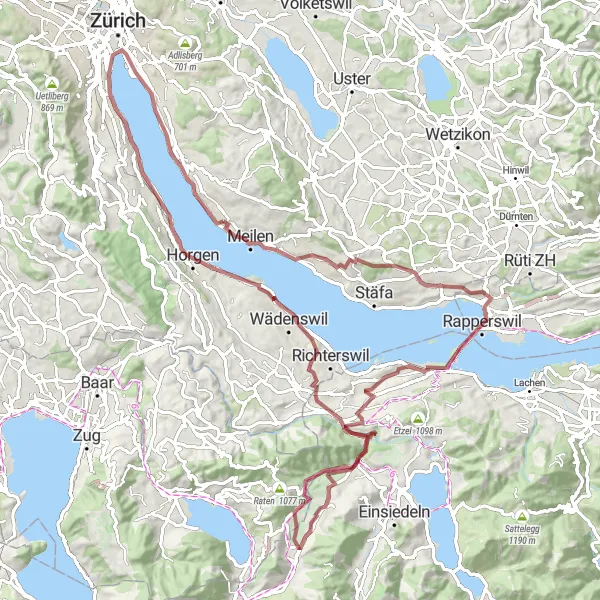 Miniaturekort af cykelinspirationen "Fantastisk grusvejstur rundt om Zürichsøen" i Zürich, Switzerland. Genereret af Tarmacs.app cykelruteplanlægger