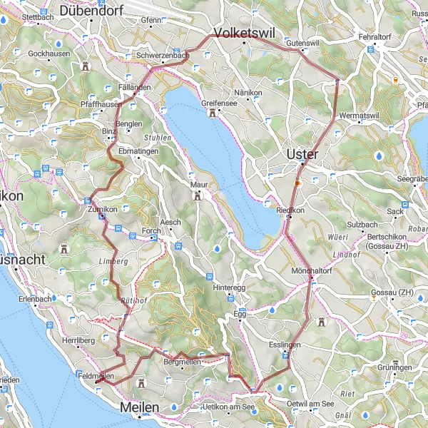 Mapa miniatúra "Scenic gravel route through the Zürich countryside" cyklistická inšpirácia v Zürich, Switzerland. Vygenerované cyklistickým plánovačom trás Tarmacs.app