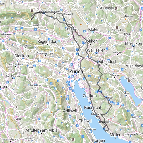 Map miniature of "Zürich Lake and Countryside" cycling inspiration in Zürich, Switzerland. Generated by Tarmacs.app cycling route planner