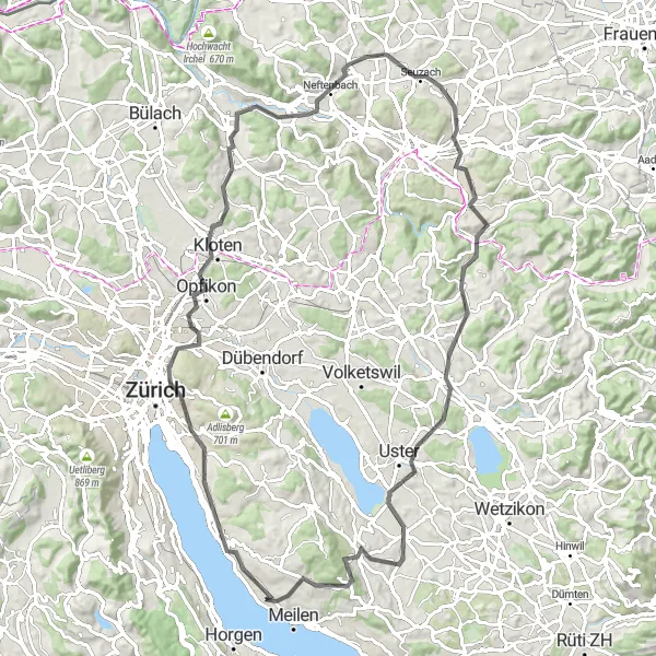 Miniatua del mapa de inspiración ciclista "Ruta de Carretera a Egg y Uster" en Zürich, Switzerland. Generado por Tarmacs.app planificador de rutas ciclistas
