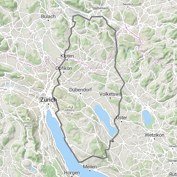 Karten-Miniaturansicht der Radinspiration "Durch Küsnacht und Uster - Auf den Spuren der Geschichte" in Zürich, Switzerland. Erstellt vom Tarmacs.app-Routenplaner für Radtouren