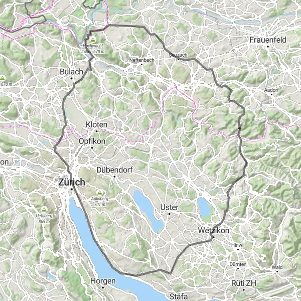 Miniaturní mapa "Cyklistická cesta okolo Zürichu" inspirace pro cyklisty v oblasti Zürich, Switzerland. Vytvořeno pomocí plánovače tras Tarmacs.app