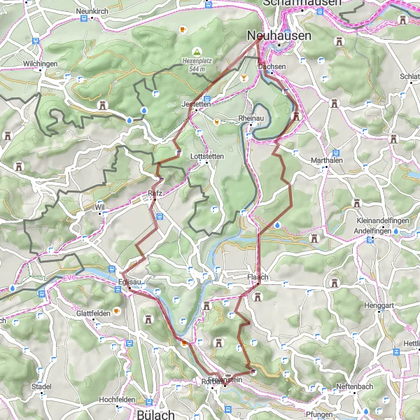 Miniatura della mappa di ispirazione al ciclismo "Tour in bicicletta da Freienstein passando per Höhrain, Eglisau e Rhine Falls" nella regione di Zürich, Switzerland. Generata da Tarmacs.app, pianificatore di rotte ciclistiche