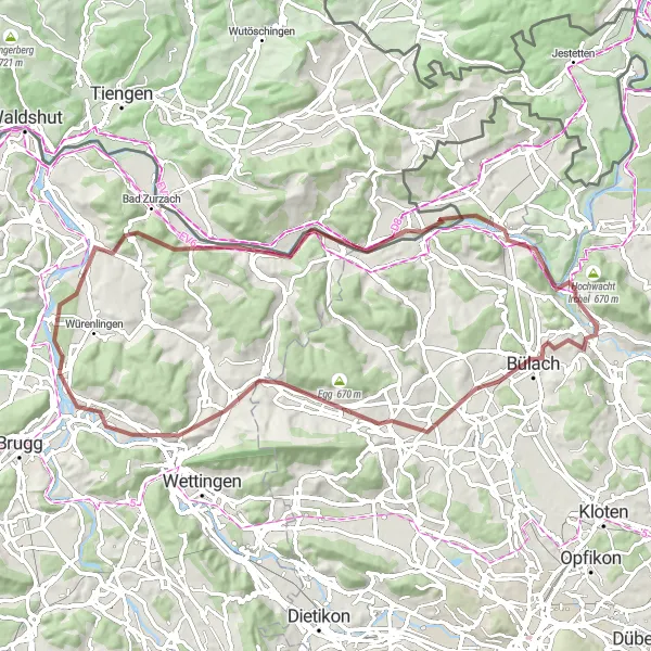 Miniatura della mappa di ispirazione al ciclismo "Percorso ciclistico attraverso Dättenberg, Regensberg e Rheinau" nella regione di Zürich, Switzerland. Generata da Tarmacs.app, pianificatore di rotte ciclistiche