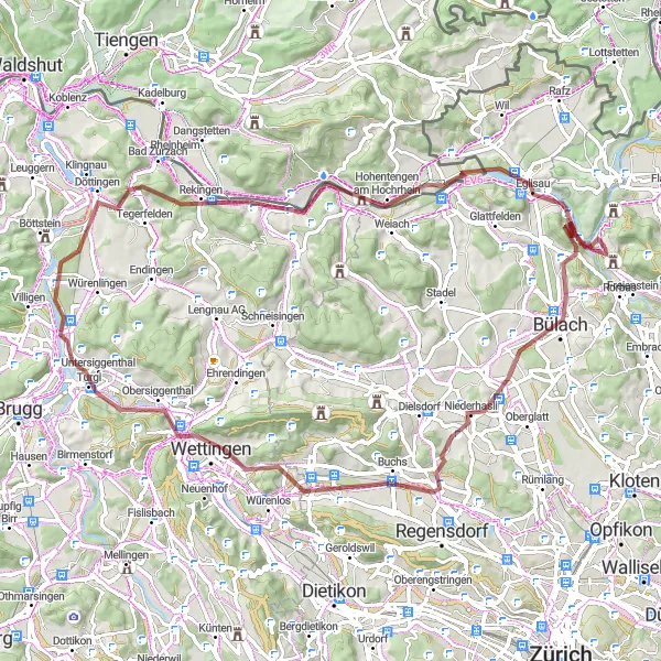 Miniatua del mapa de inspiración ciclista "Exploración de Buchs y Hohentengen am Hochrhein" en Zürich, Switzerland. Generado por Tarmacs.app planificador de rutas ciclistas